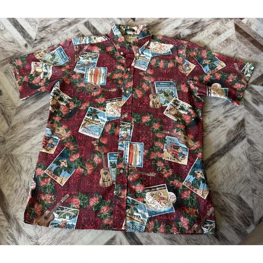 Reyn Spooner Mele Kalikimaka Vtg XMAS Santa Postcard Aloha Shirt Mens M Limited